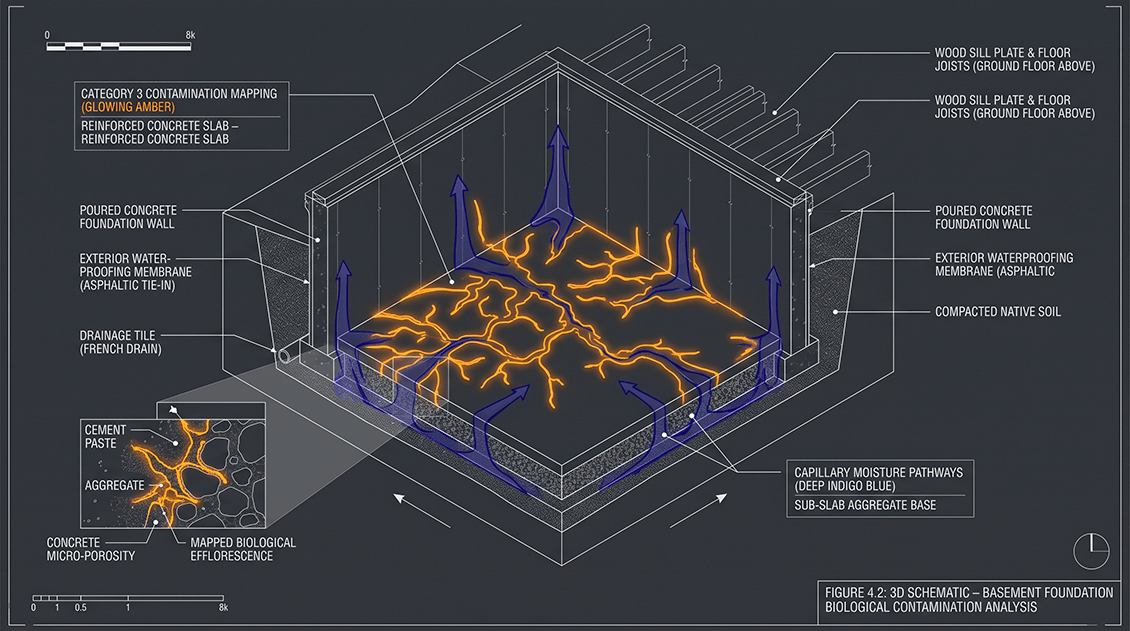 Cross-sectional engineering diagram mapping Category 3 black water contamination zones in a residential basement