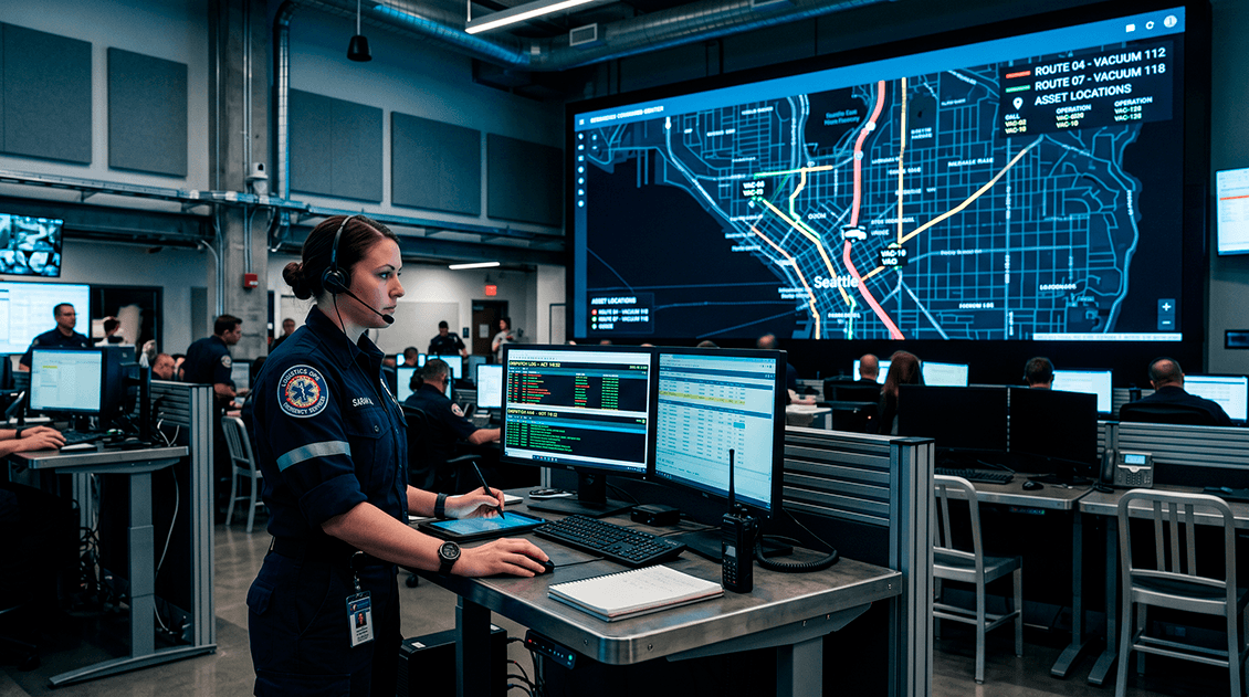 Grand Rapids emergency dispatch control room coordinating corporate vacuum truck fleet routes