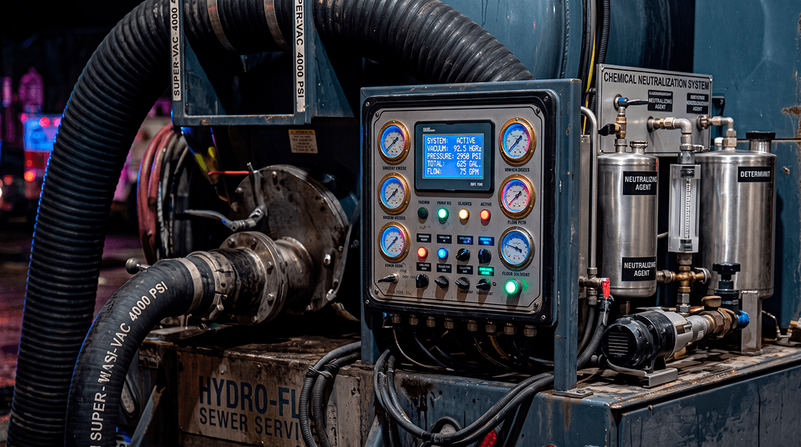 Heavy-duty truck-mounted positive-displacement vacuum extraction system isolating and evacuating Category 3 wastewater slurry