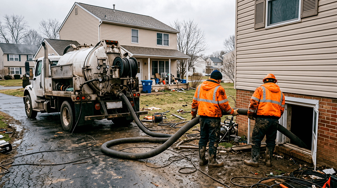 Emergency response field crew extracting blocked mainline sewage directly from a flooded residential basement using heavy-duty suction hoses