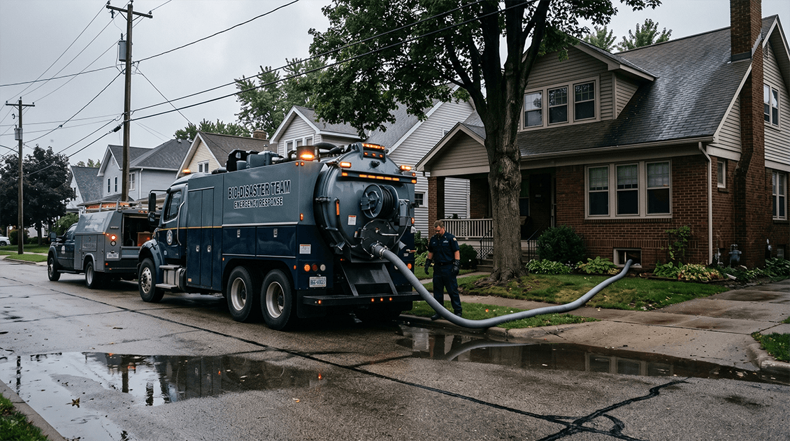 Industrial emergency sewage backup mitigation vehicle extracting toxic black water from a Grand Rapids home