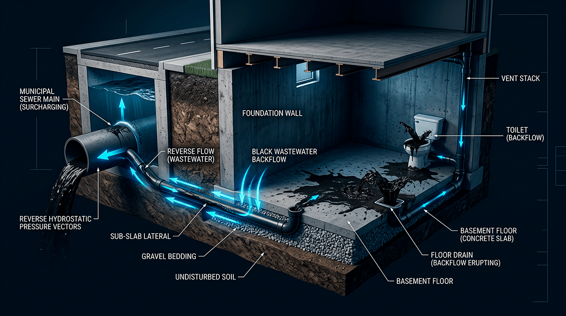 High-pressure municipal sewer reversal forcing black water back up through basement structural sub-slab lateral lines