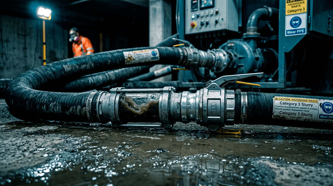 Industrial positive-displacement vacuum machinery evacuating toxic sewer slurry from a deep basement foundation