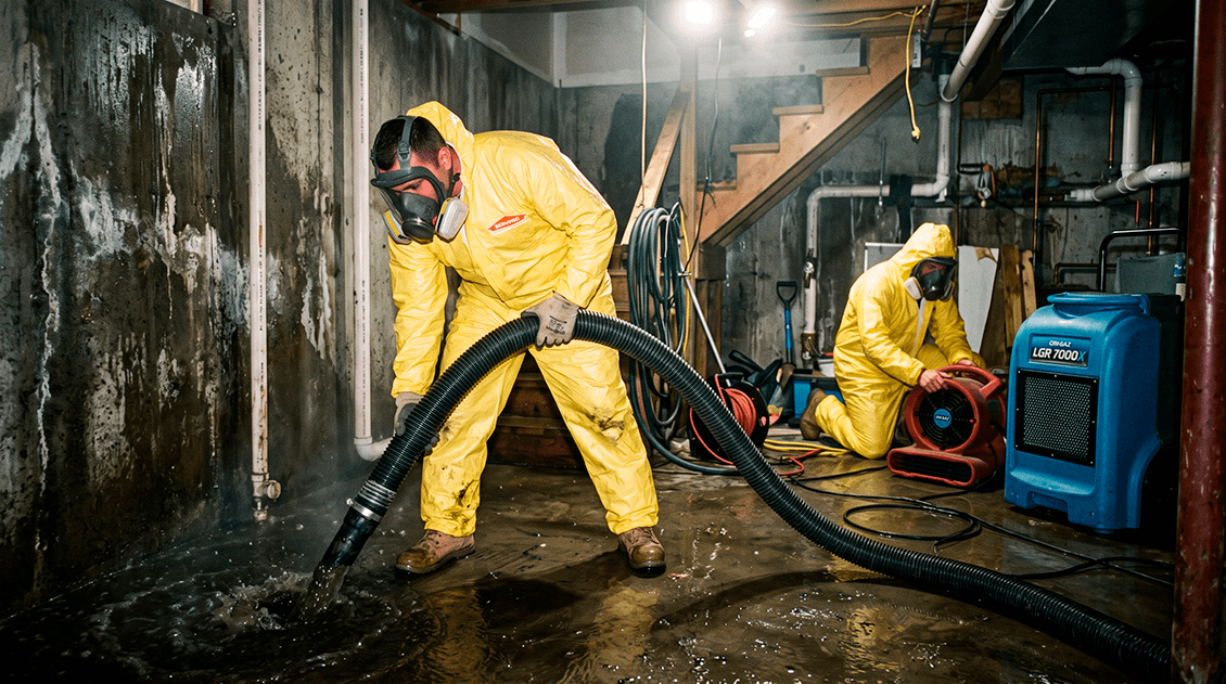 Industrial LGR dehumidifiers and axial air movers executing thermodynamic structural drying in a Grand Rapids basement