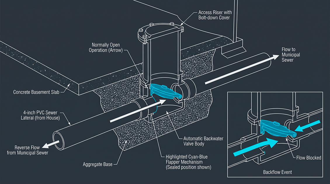 Engineering schematic of automatic backwater valve installation to prevent Grand Rapids municipal sewer reversal